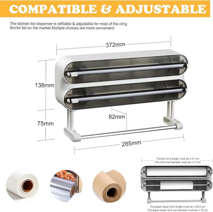 Magnetic Plastic Wrap Dispenser with Cutter - Refillable Tin Foil and Plastic Wrap Organizer for Kitchen, Aluminum Foil Dispenser with Paper Towel Holder Wall Mount - Fits 12" Roll, White
