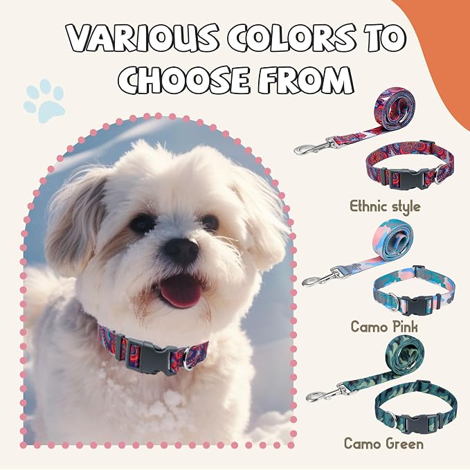 Print Patterned Dog Collar Leash Set, Adjusted Quick-Release Plastic Buckles and Heavy-Duty Steel D-Ring Nylon Collar Leash Set Strong Durable, Green Camo,S