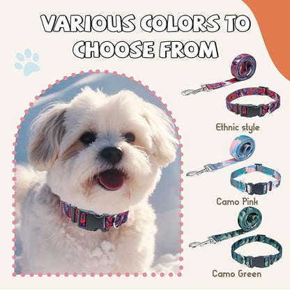 Print Patterned Dog Collar Leash Set, Adjusted Quick-Release Plastic Buckles and Heavy-Duty Steel D-Ring Nylon Collar Leash Set Strong Durable, Green Camo,M