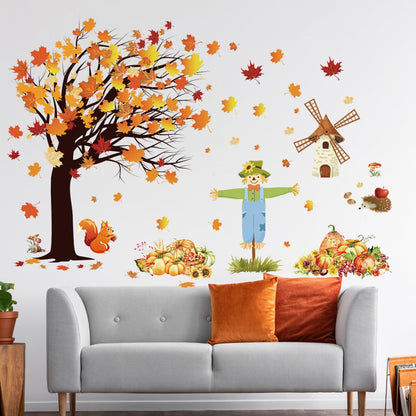 Fall Maple Leaves Wall Decals Autumn Pumpkin Scarecrow Wall Stickers Thanksgiving Fall Tree Wallpaper Cute Sqiirrel Windmill Mural DIY Removable Wall Art for Kids Bedroom Playroom