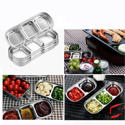 XZJMY 5Pcs Stainless Steel Dipping Bowls 3 Grids Divided Sauce Dishes Appetizer Serving Plates Small Square Seasoning Dish Condiment Server Dish for Kitchen Home,BBQ and Party Dinner (5, Silver)