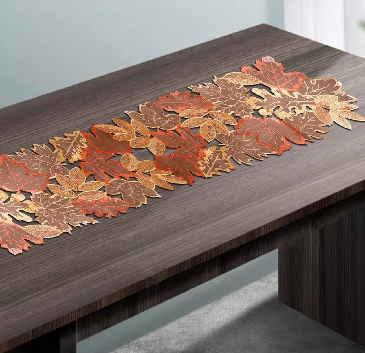 Fall Table Runner Embroidered Leaves Fall Table Cover Autumn Harvest Table Runner for Home Decorations Dining Table Decoration Halloween Thanksgiving Christmas 13”W x 70” L