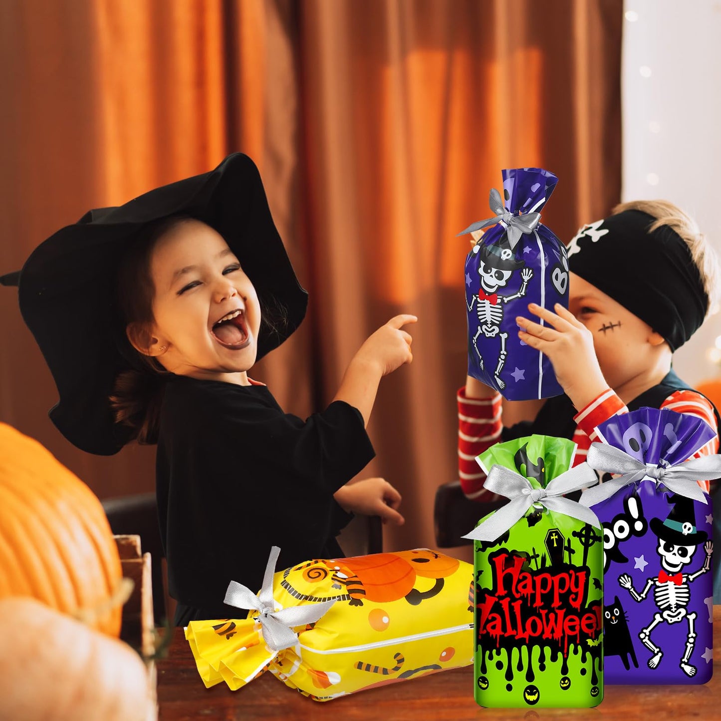 Aliceset 50 Pcs Small Halloween Drawstring Treat Goodie Bags - Plastic Spider Ghost Skeleton Gift Bags for Halloween Birthday Party Favors