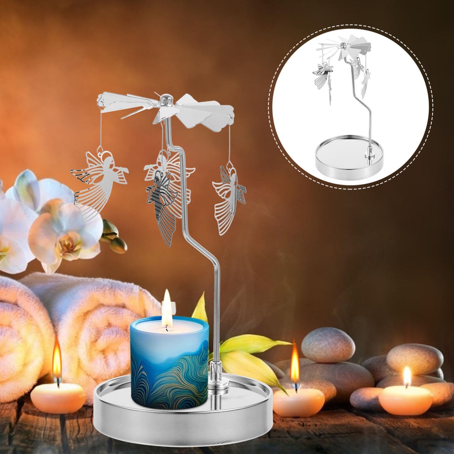 HOLIDYOYO Rotating Aromatherapy Candle Holder with Magnetic Base and Stainless Steel Tray 8.66 Inch Tealight Candle Holder for Home Decoration Parties Weddings