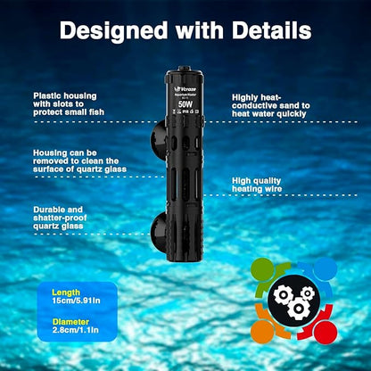 Aquarium Heater 50W, Submersible Fish Tank Heater with LED Digital Display, Auto Power-Off When Leaving Water & High Temp Protection, for Fresh and Salt Water Tanks 5-10 Gal