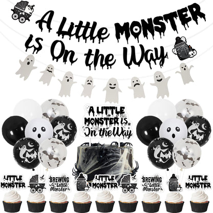Halloween Gothic Baby Shower Decorations, A Little Monster is on the Way Banner Garland Ghost Bat Little Monster Cake and Cupcake Toppers Balloons Kit for Halloween a Baby Is Brewing Party Supplies