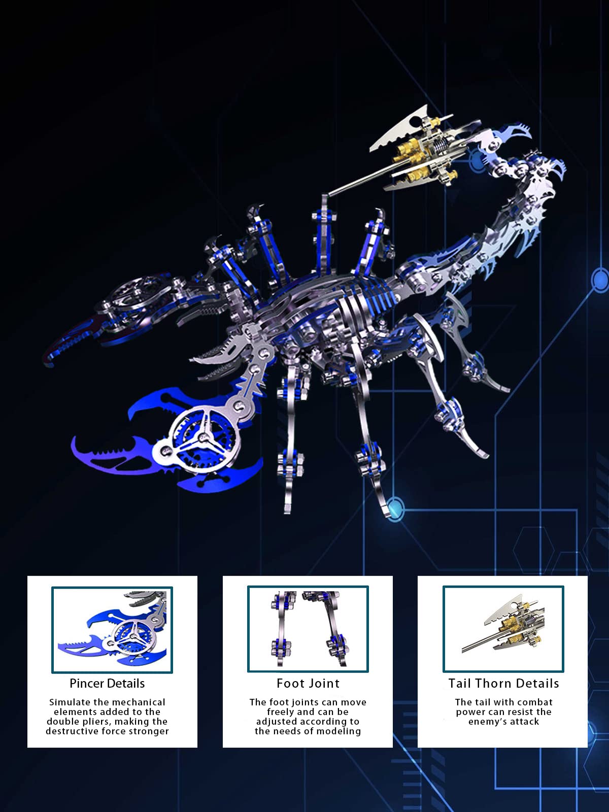 3D Metal Model Kits, Mechanical Scorpion King Blue 3D Metal Puzzle,Steel Warcraft Collection DIY Animal Brain Teasers Simple 3D Puzzles