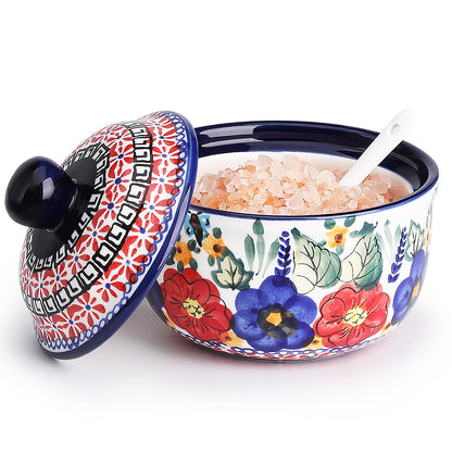 silesia Handmade Sugar Bowl with Lid and Spoon, 10 Ounce Ceramic Hand-Painted Sugar Jar for Kitchen in Gift Box, Kitchen Decor, Oven, Dishwasher & Microwave Safe, Polish Garden
