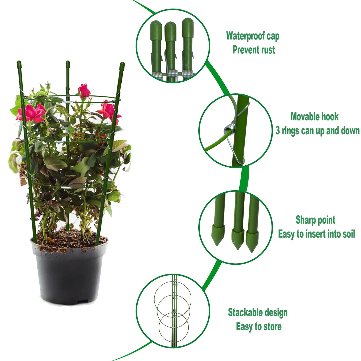 18" Small Plant Support Tomato Cages, 4 Pack Adjustable Garden Trellis for Indoor Outdoor Climbing Plants, Peony Flower Stakes with 66ft Garden Twist Ties, Green Metal Plant Cages for Pots & Garden