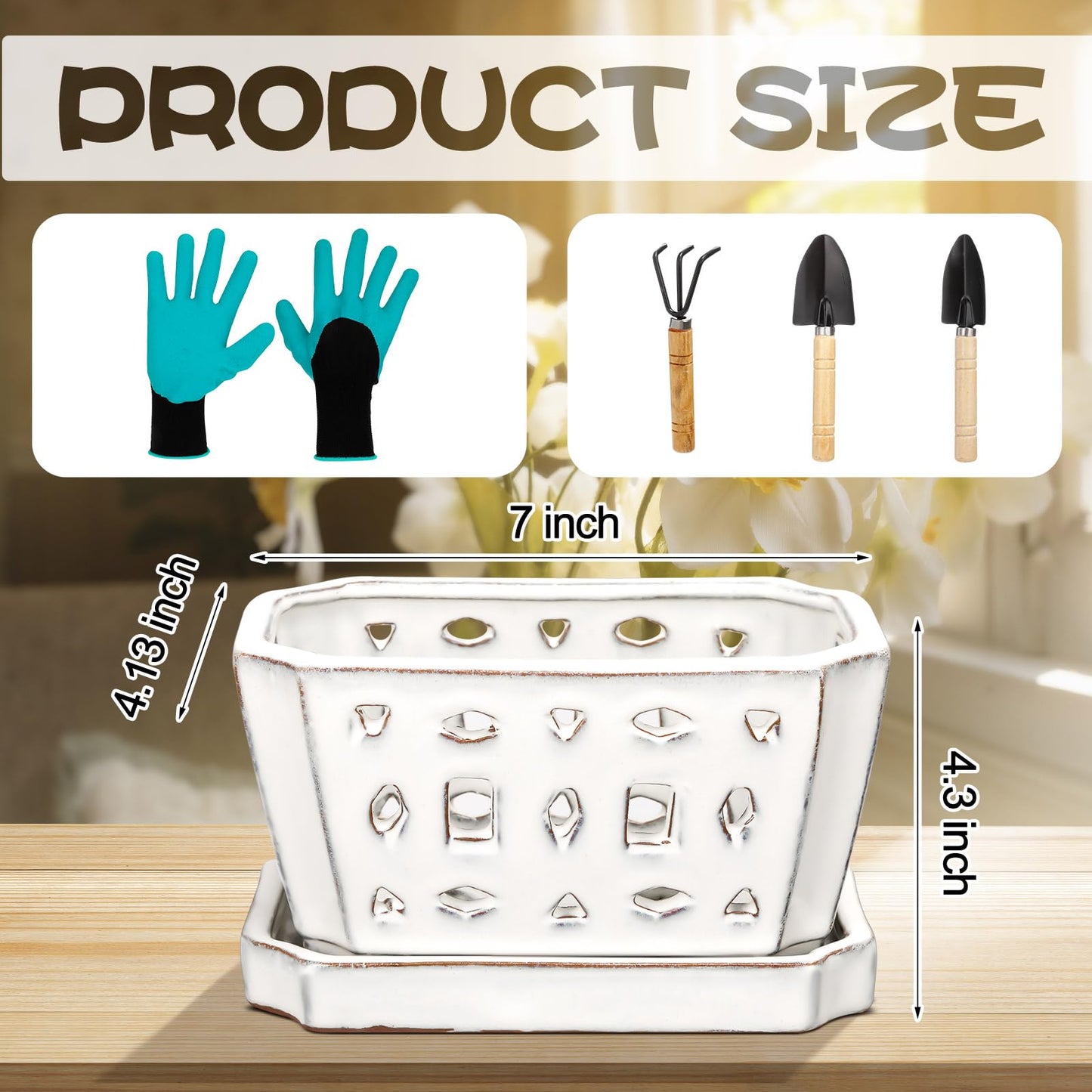 Teenyyou 1 Set Orchid Pot with Holes 7 Inch Ceramic Orchid Pot with Saucers for Repotting Amaryllis Flower Planter Include Gardening Shovel Set and Gloves for Home Decor(White)