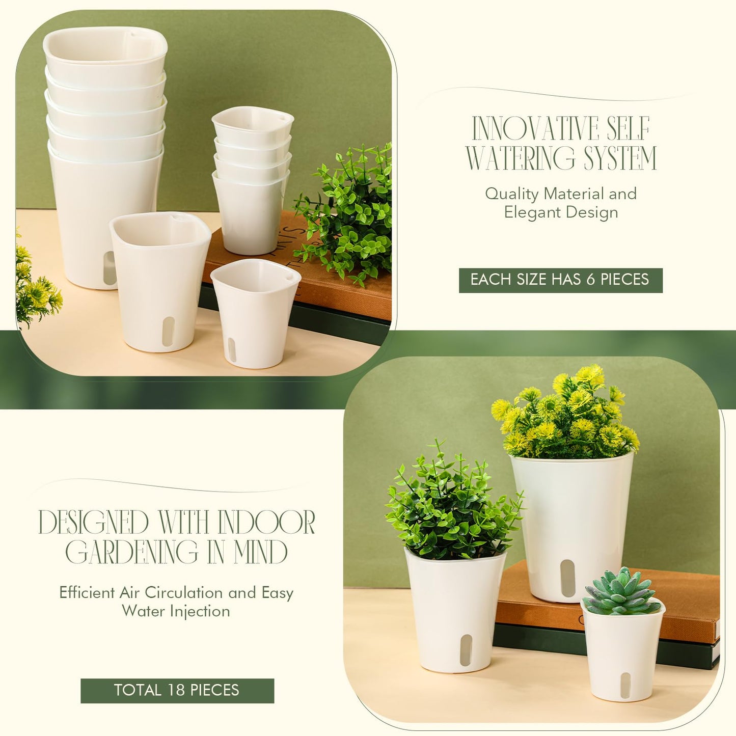 Ziliny 18 Pcs Self Watering Pots Plastic Plant 3 Sizes Flower Plant Pot with Inner White Flower Pots for Indoor House Plants Plastic Self Watering Pot for Herbs Flowers (Xs,S,M)