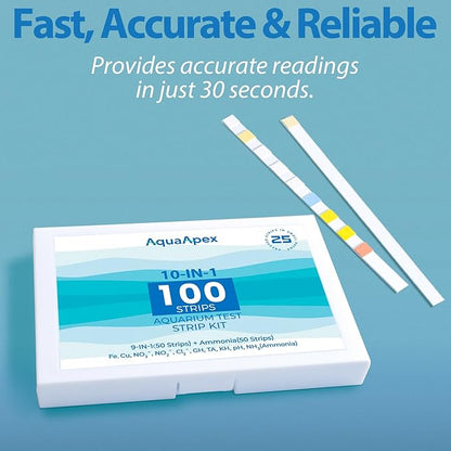 10-in-1 Ammonia Test Kit Aquarium (100 Strips): 50 Multi-Test + 50 Ammonia | Aquarium Test Strips for Freshwater & Saltwater. for Fish Tanks, Aquariums & Pond Water Test kit. Test Nitrate, pH & More