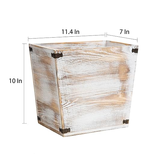 Grey Farmhouse Style Torched Wood Trash Can Waste Bin with Decorative Metal Brackets Trash Can for Bedroom,Living Room, Bathroom & Office (Washed White)