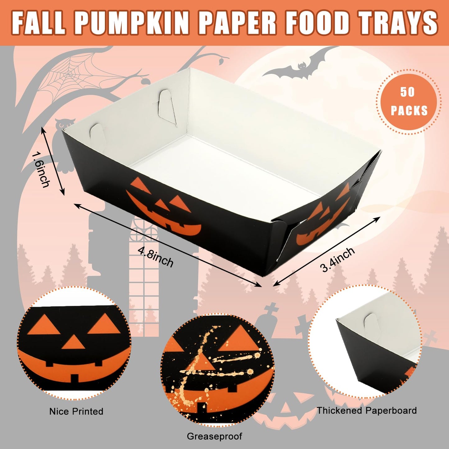 Whaline 50Pcs Halloween Paper Food Trays Grimace Pumpkin Paper Food Boats Orange Black Food Holder Disposable Serving Trays for Party Supplies
