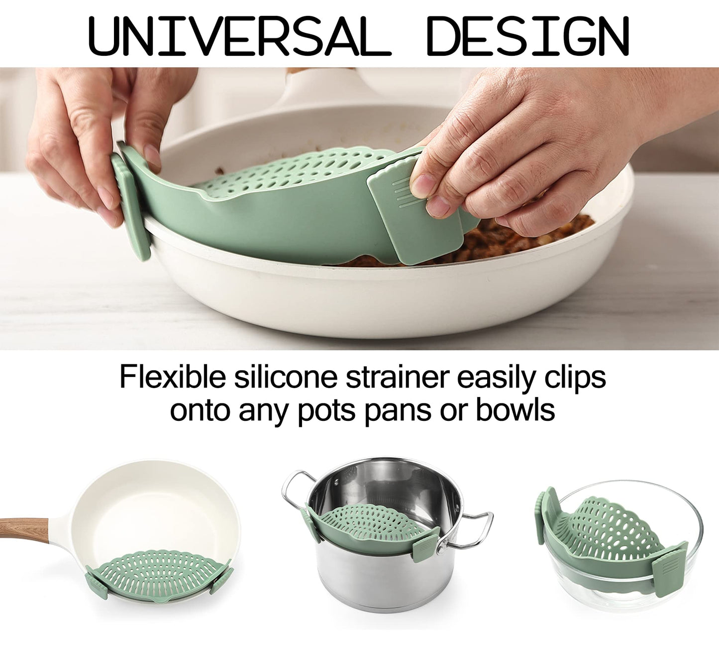 Adjustable Over the Sink Colander Strainer, Silicone Clip On Strainer for Pots Strainers and Plastic Colanders Drainer Basket for Food Pasta Vegetables Kitchen, Extendable 14.5"-19.5", Green