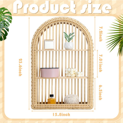 Vercraft Rattan Wall Shelf 3 Tier Boho Wall Mounted Shelf 23.62" x 15.75" Farmhouse Handcraft Bamboo Arched Floating Shelves for Living Room Home Bedroom Storage Decor