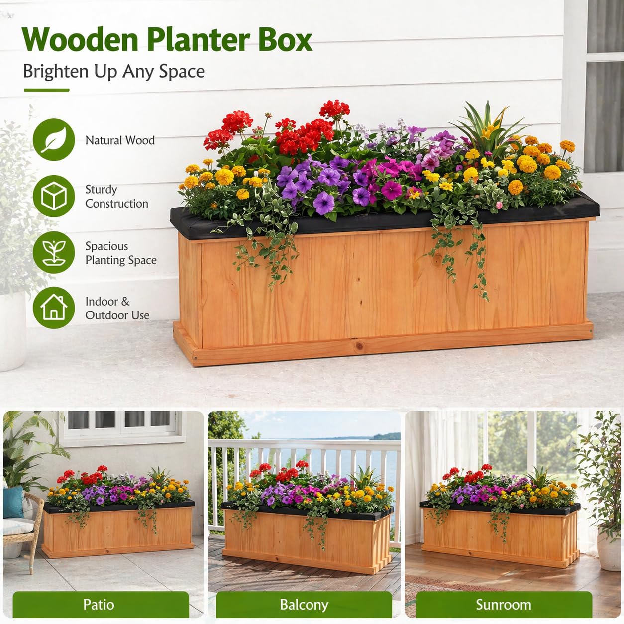 Giantex Raised Garden Bed with 3 Drainage Holes, 44”x10”x12” Wooden Elevated Planter Box w/Removable Bottom & Bed Liner, Elevated Flower Bed, Rectangular Plant Container for Vegetables Herbs & Fruits