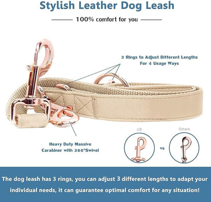 Soft Leather Dog Collar and Leash (6.6') Set - Stylish Rose Gold Heavy Duty Metal Buckle, 4 Adjustable Lengths Leash for Small Medium Large Dogs - Comfortable & Easy to Clean Beige S(12.2"-16.9")