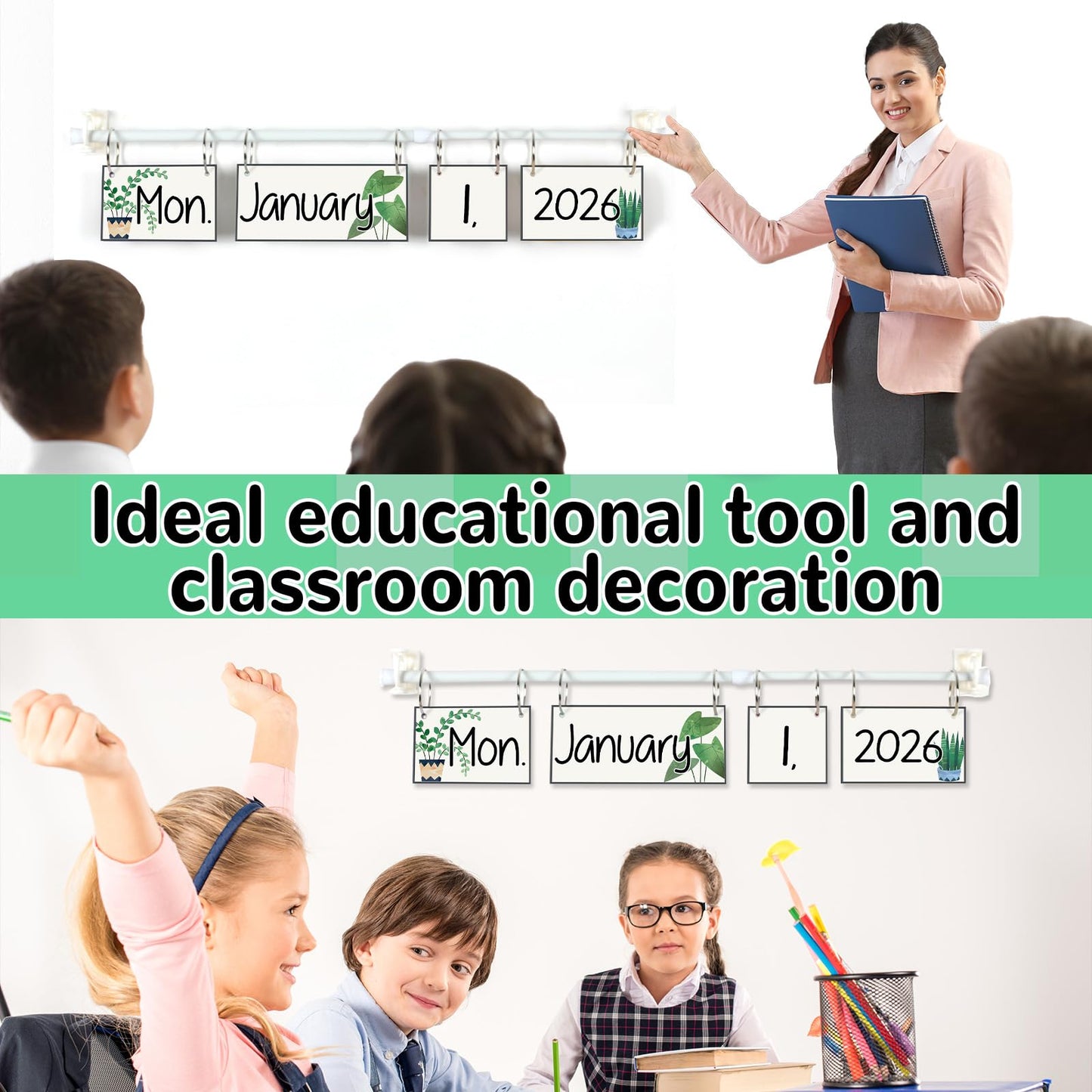 Greenery Flip Calendar for Classroom Bulletin Board Set Greenery Calendar Class Whiteboard Decor with 2026 to 2030 Years Date Cards and Adjustable Rod for Home Elementary School Teacher Supplies