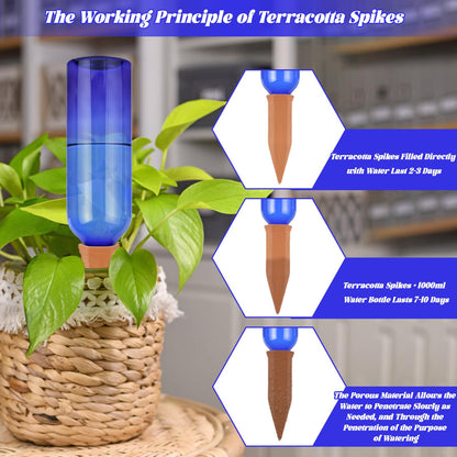 TINSKY 6 Sets Plant Watering Devices Terracotta Self Watering Spikes and 26 Oz Plastic Blue Bottles Slow Release Vacation Plant Waterer Automatic Planter Insert for Indoor Outdoor Plants