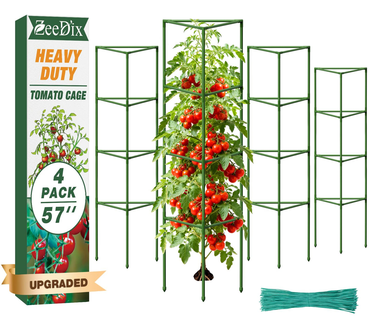 ZeeDix Tomato Cages with Bird Netting Set - 4 Pack 57 Inches Heavy Duty Tomato Cages + 4 Pack 61 Inches Garden Mesh Barrier for Tomatoes Climbing Vegetables Flowers