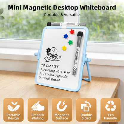 FUNISKETCH Colorful Dry Erase White Board 6.7x8.4in, Magnetic Desktop Board with Stand, 2 Markers (Eraser Head), 4 Magnets - Double-Sided Easel for Daily Planning, Memo, Office/Home/School (Blue)