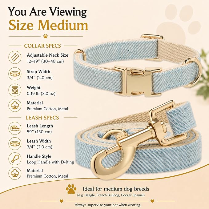 Herringbone Tweed Dog Collar and Leash Set for Medium Dogs, Light Blue | Snag-free, no-rub design. Soft breathable cotton, gentle on fur. Adjustable durable matching combo for walks & outdoors.