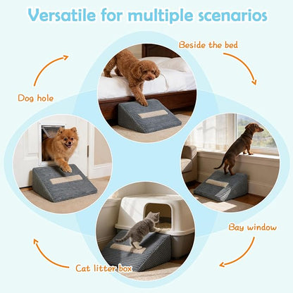 Foam Dog Ramp for Stairs, Low-Impact Climbing Dog Stairs for Senior Dogs | 5.1"H, 2 Pack, 40D High-Density Foam Won't Collapse, Protects Joints, Anti-Slip & Self-Sticky Pads, Washable Cover, Grey