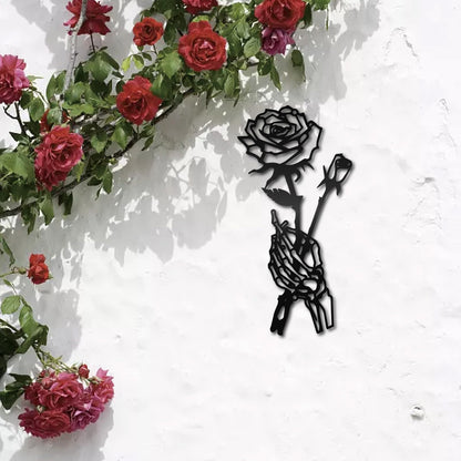 CREATCABIN Skeleton Hand Rose Wall Decor Flower Metal Wall Art Minimalist Halloween Gothic Line Art Skull Unique Love Hanging Sculpture for Wall Valentine's Day Home Decor Black 11.8 x 5.9 inch
