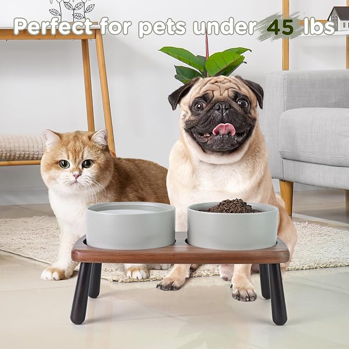 SPUNKYJUNKY Ceramic Elevated Dog Bowls Raised with Acacia Bamboo Wooden Stand, 6.1'' Dog and Cat Food Water Bowls Set Non-Slip for Small Medium Sized Breed Microwave Dishwasher Safe - 28.7 OZ,Grey