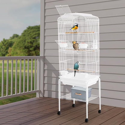 54in Metal Bird Cage Large Parakeet Cages for Parrot, Cockatiel, Lovebird, Pigeon Pagoda Bird House with Rolling Stand,Feeding Bowls & Waterer (White-54in)