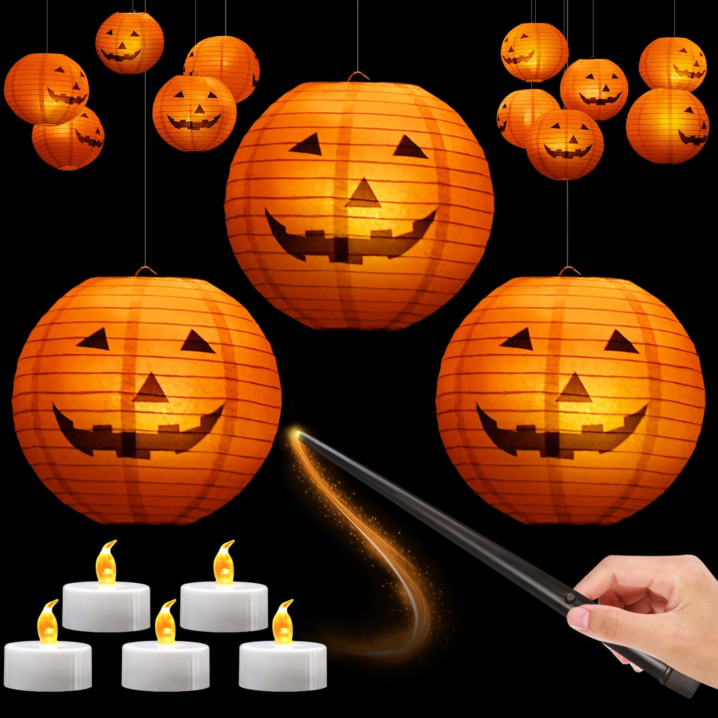 Hievil 12pcs 10in Floating Jack-O-Lanterns with Wand Remote and 24pcs LED Tea Lights for Decor