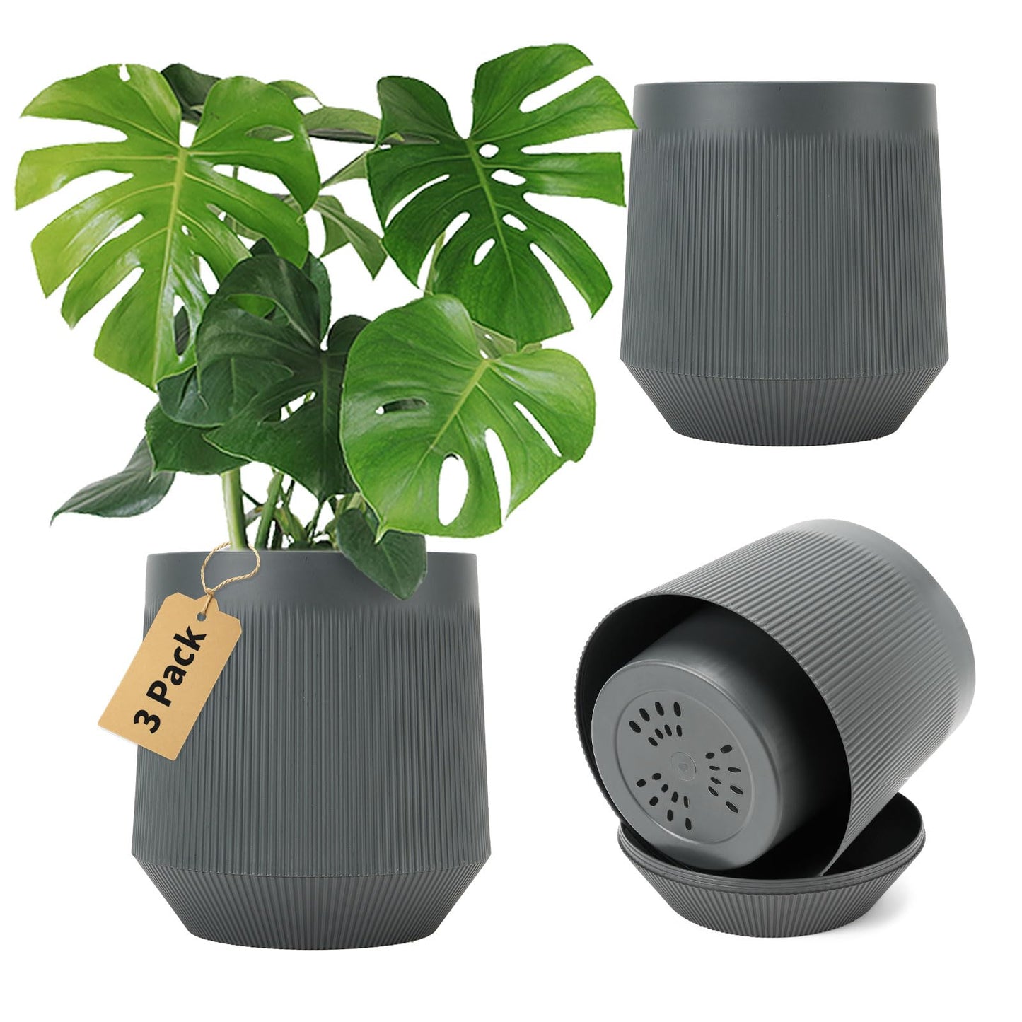 Yaghpy Plant Pots，Set of 3 Plastic Pots for Indoor Plants,Flower Pots Outdoor Planters with Drainage Hole and Seamless Saucer,Gray