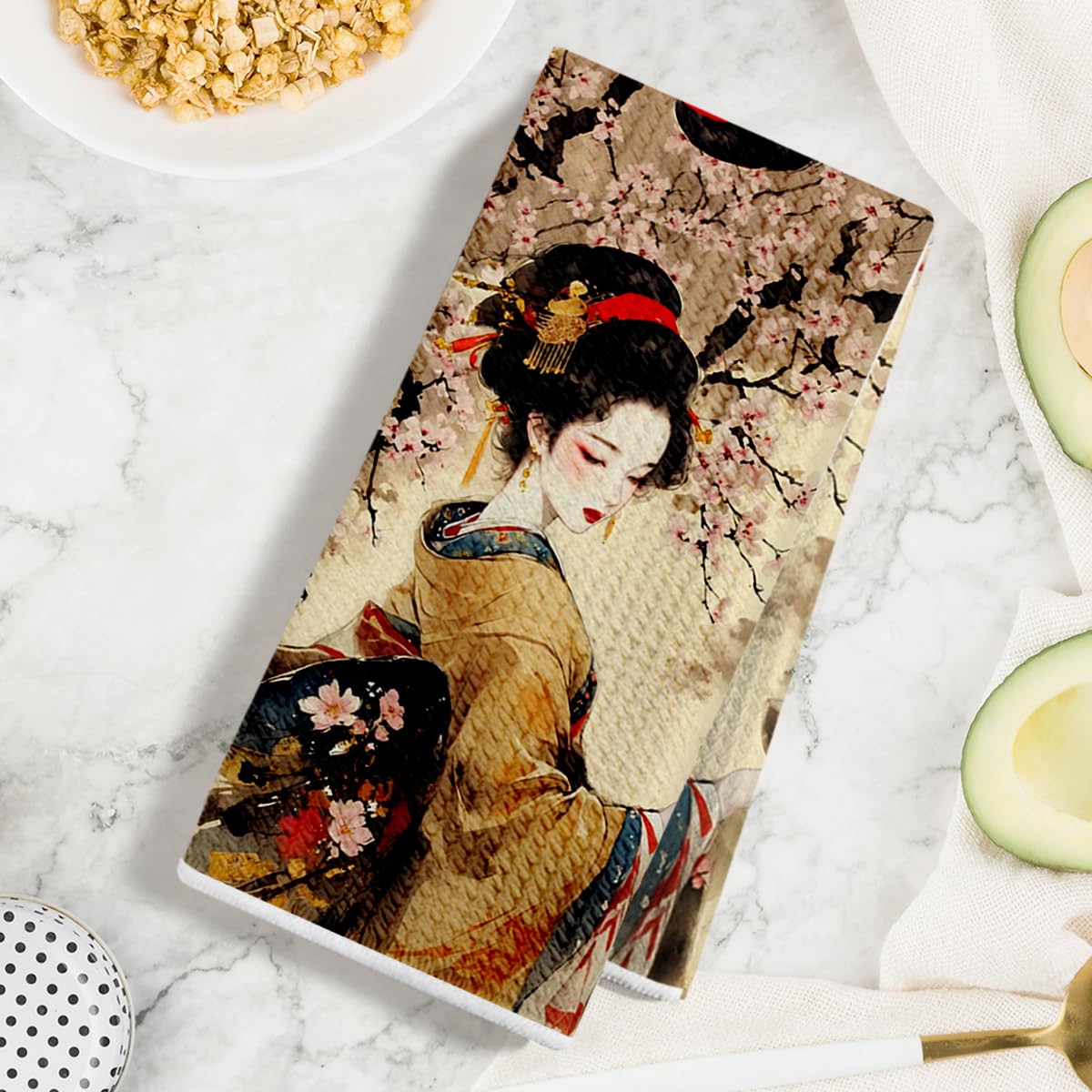 2 Pcs Japanese Style Women Kitchen Towels, Cherry Blossoms Soft Absorbent Hand Tea Towel, Microfiber Dish Cloths for Drying Dishes, Waffle Dish Towels for Kitchen Bathroom, Farmhouse Gifts for Women