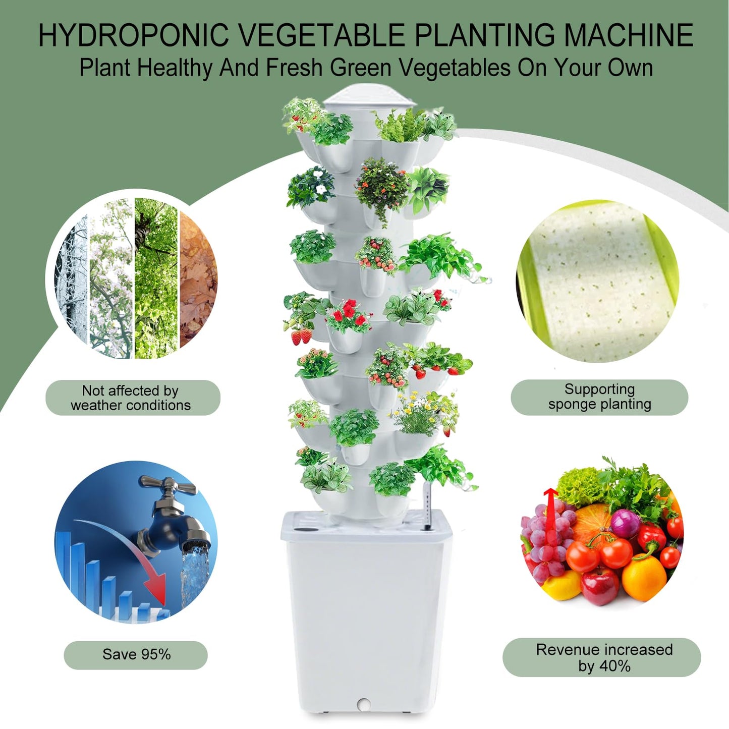 JPWDDWYT Hydroponics Tower Indoor Growing System Vertical Garden Planter Indoor Smart Garden Kit with Pump and Movable Water Tank Vegetable Plant Gift for Gardening Lover 35-Plants(White)