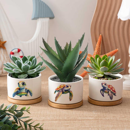 Jingmore 3 Pcs Sea Turtle Decor Gift for Women Planter Ceramic Gift Animal Plant Pot with Bamboo Tray for Office Home Farm House Bathroom Kitchen Christmas Decorations (No Plants Included)