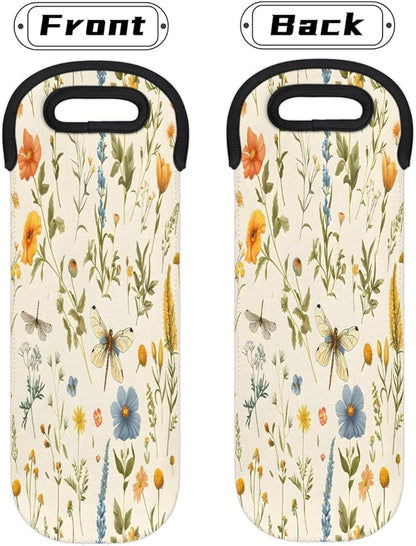 Dragonfly Wildflower Wine Bag Single Bottle Wine Tote Bag Neoprene Wine Carrier Bags with Carry Handle Portable Wine Bottle Holder for Travel Party Picnic