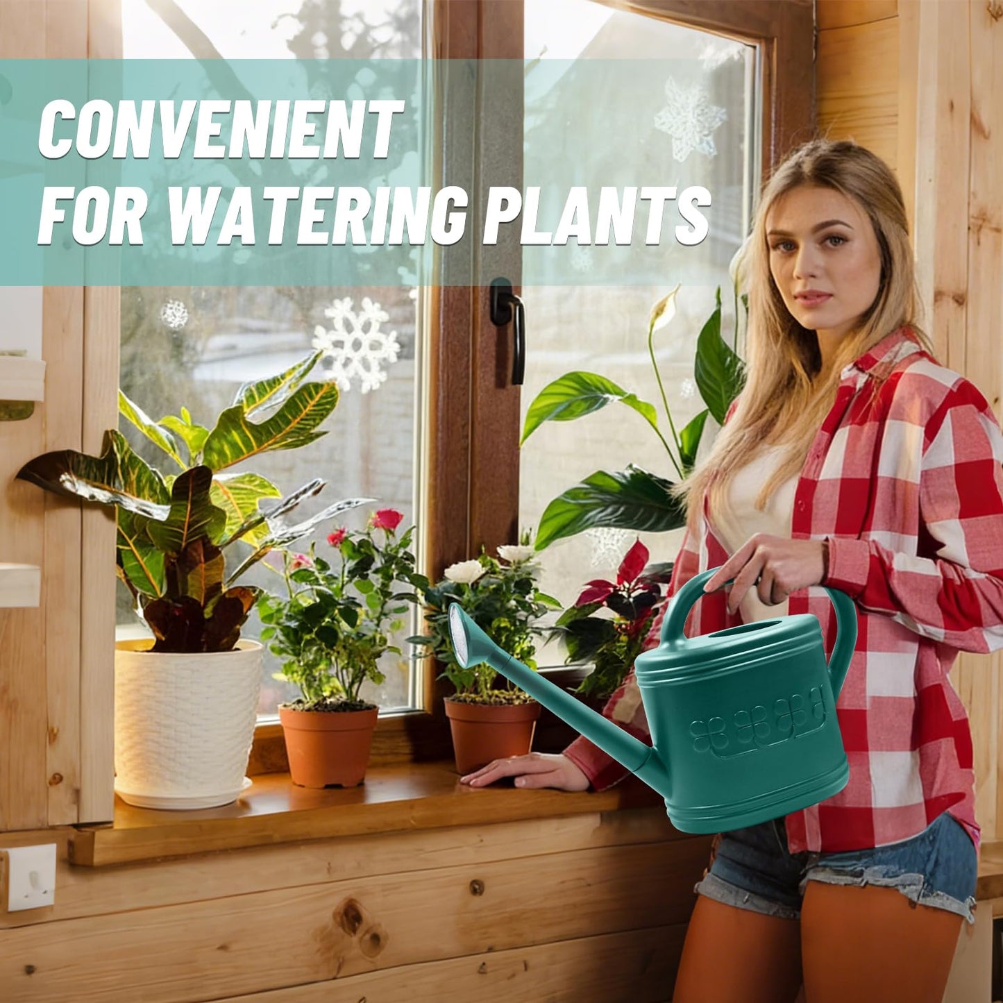 Watering Can for Indoor & Outdoor Plants, Plant Watering Can with Stainless Steel Shower Head, 1 Gallon Plastic Watering Can for Garden, Flowers, Vegetable, Greenhouse (Dark Green, 1 Gallon)