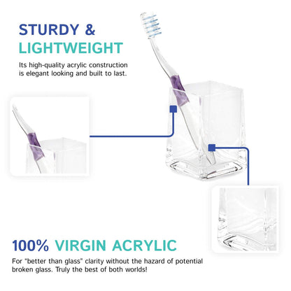 Huang Acrylic Clear Square Tapered Bathroom Toothbrush Holder/Tumbler | Easy to Clean Durable Acrylic | Single Piece Set