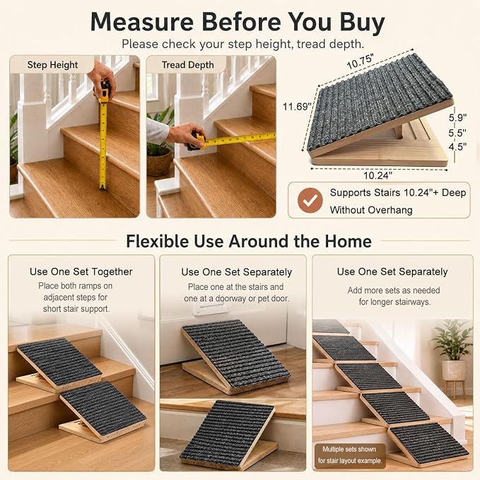 2 Pack Dog Ramp for Stairs - Solid Wood Adjustable & Foldable Pet Ramps, 3 Heights, Non-Slip Silicone Base & Traction Felt, 35lb Capacity, Indoor Stairs & Porch