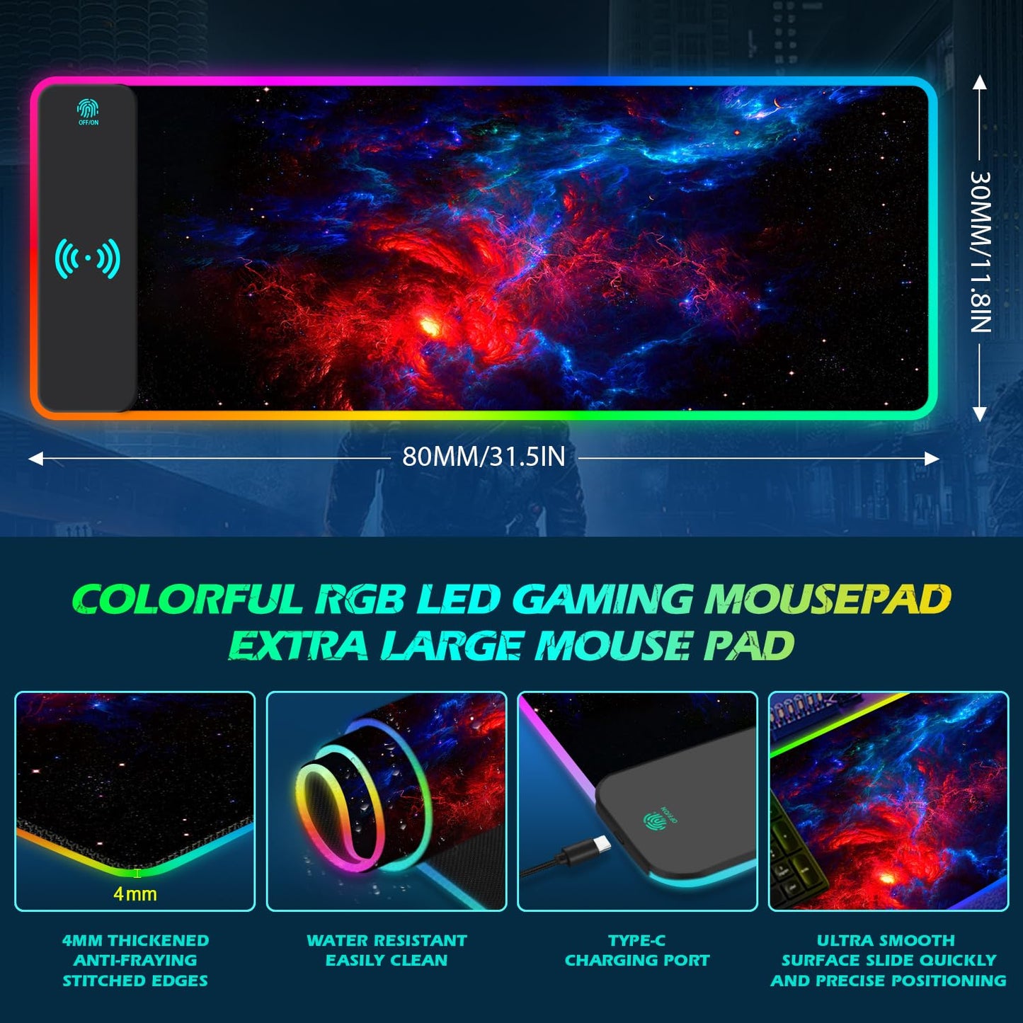 ToLuLu RGB Gaming Wireless Charging Mouse Pad, 5/7.5/10/15W 10 Light Modes LED Mouse Pad Computer Keyboard Mat Mousepad, 800x300x4MM Extended Large Desk Mat for Gaming, MacBook, Laptop, PC, Galaxy