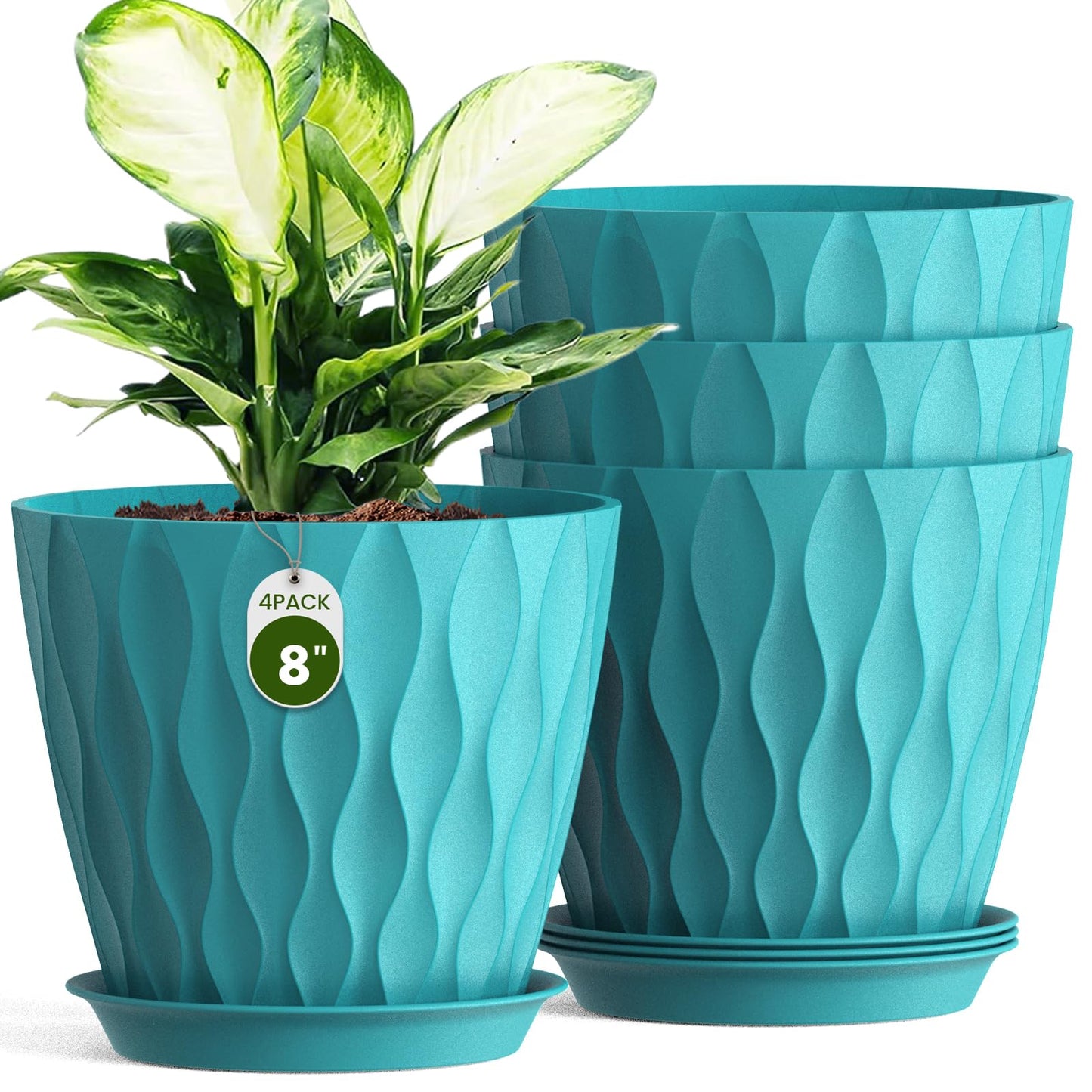Areutxbis 8 Inch Wave Plant Pots with Drainage Holes & Saucers, 4 Pack Modern Textured Medium Planters for Indoor Outdoor Plants, Decorative Flower Pots Repotting Set for Flowers, Herbs (Blue)