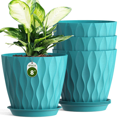 Areutxbis 8 Inch Wave Plant Pots with Drainage Holes & Saucers, 4 Pack Modern Textured Medium Planters for Indoor Outdoor Plants, Decorative Flower Pots Repotting Set for Flowers, Herbs (Blue)