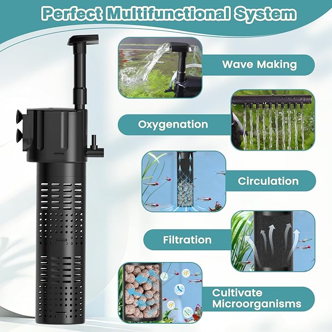 hygger Internal Aquarium Filter, 5-in-1 Submersible Fish Tank Filter, Adjustable Wave Maker & Air Bubbler, Quiet Turtle Tank Filter for 5-15 Gallon Freshwater Saltwater, 80GPH, 5W