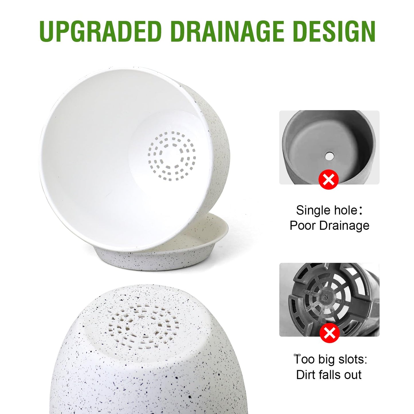 WSMKSZ Large Flower Pots 12/10/9 inch, Set of 3 Modern Decorative Plastic Planters with Drainage Holes and Saucers for Garden House Plants, Plant Pots for Indoor Outdoor Plants, Speckled White