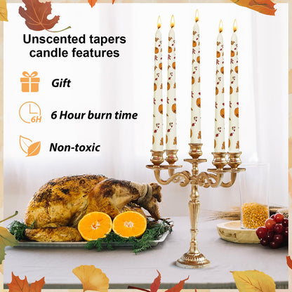6 Pack Printed Taper Candle Set for Home Decoration, 10 Inch Ivory Candlesticks with Pumpkin and Yellow Leaves Pattern for Dinner Holiday Seasonal Celebration, Dripless and Smokeless Candle