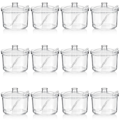 Ptwola 12 Pcs Clear Acrylic Sugar Bowl Set Sugar Containers Salt Canister with Lid and Spoon Perfect for Serving Condiment Candy Coffee Tea Spices (7.4 oz)