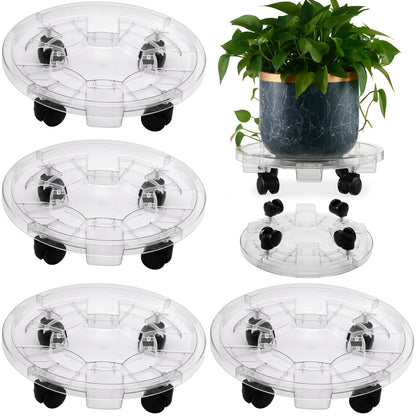 KvyusFlourish 4 Packs 13 Inches Large Clear Plant Caddy Plant Saucers on Wheels Rolling Plant Stands Heavy-duty Plant Dolly Plastic Planter Roller Base Pot Movers Outdoor Plant Tray Coaster