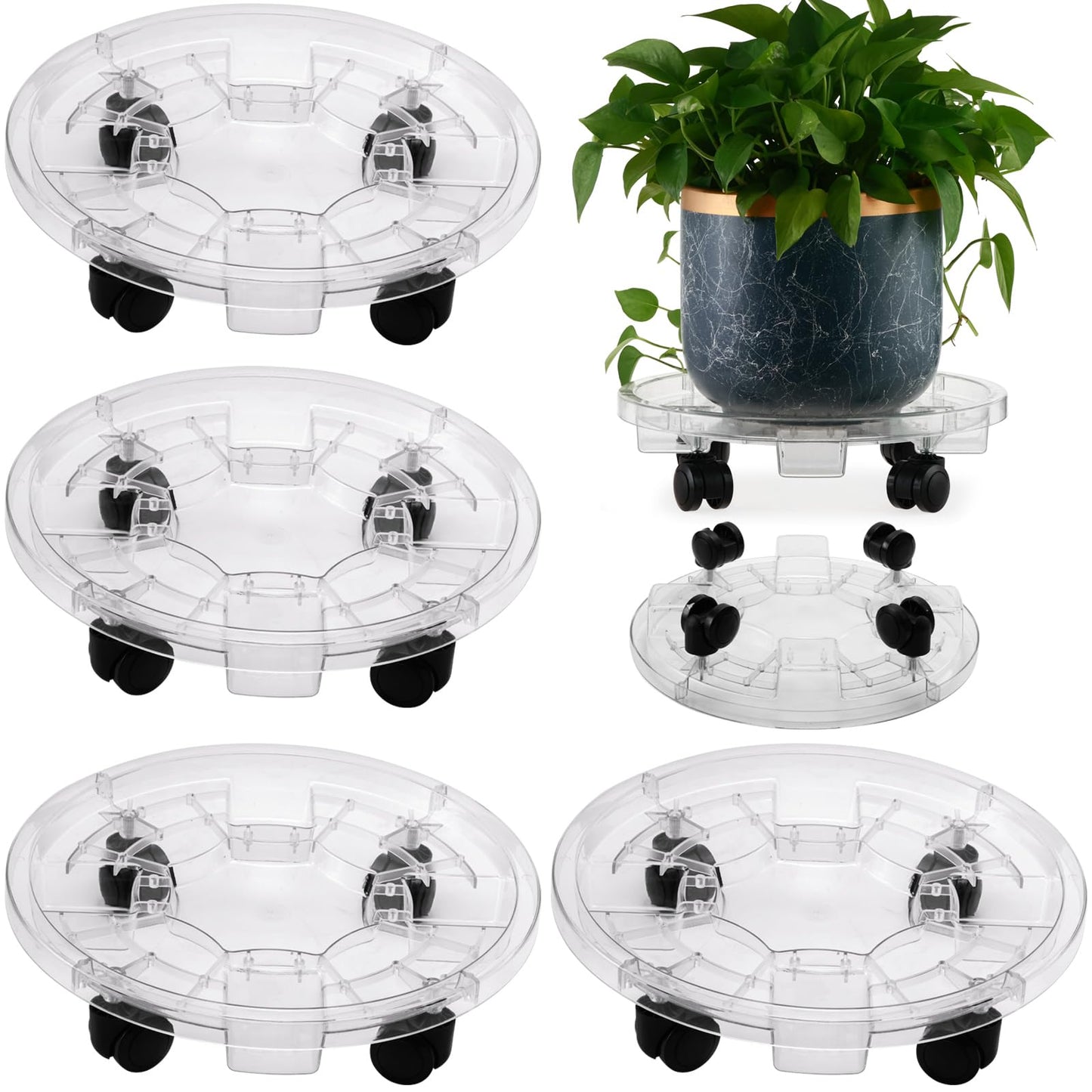 KvyusFlourish 4 Packs 13.8 Inches Large Clear Plant Caddy Plant Saucers on Wheels Rolling Plant Stands Heavy-duty Plant Dolly Plastic Planter Roller Base Pot Movers Outdoor Plant Tray Coaster