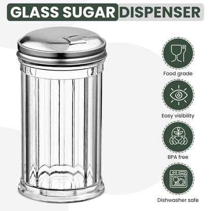 Great Credentials Retro Style Sugar Dispenser Pourer Shaker, Glass Jar with Stainless Steel Flap Lid, 12 oz, Set of 2